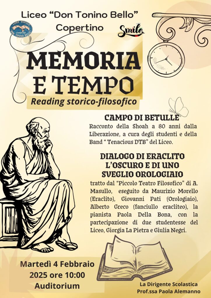 Reading storico- filosofico “Memoria e Tempo”. Il racconto “Campo di betulle” a 80 anni dalla Liberazione del campo di sterminio di Auschwitz- Birkenau. Riflessioni sul tempo tratte dal “Piccolo Teatro Filosofico” di A. Masullo; eseguite da Maurizio Morello. 04/02/2025